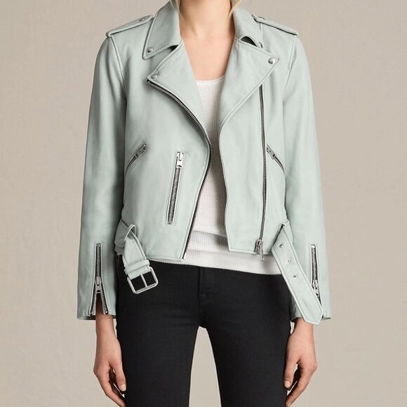 All Saints Jackets & Blazers - ALL SAINTS - Baby Blue Balfern Lamb Leather Biker Jacket